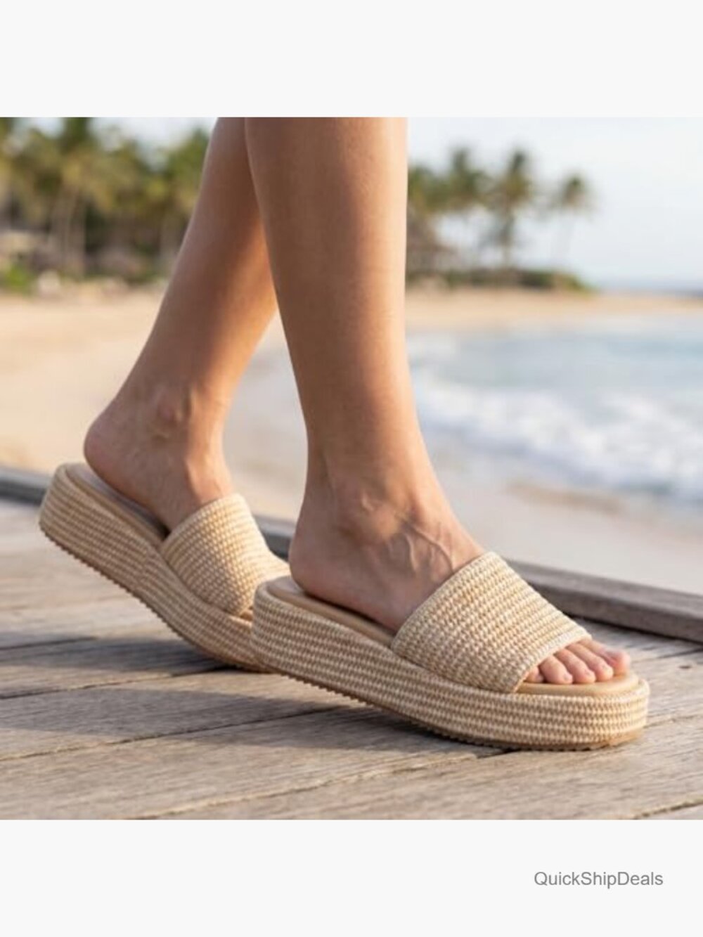 Platform Espadrille Sandals, Woven Straw Flatform Slides, Comfortable Walking - Picture 2 of 7